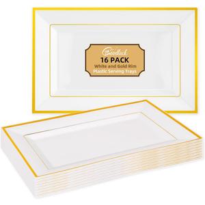 Goodluck 16 PCS Plastic Serving Trays for Party, Gold Rim Disposable Serving Platter, Plastic Tray for Food Fruit Trays for Serving for Party, 12.85 x 8 inches (White)