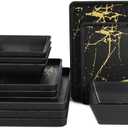 Melamine Dinnerware Sets - 12pcs Square Plates and Bowls Sets For 4, Indoor Outdoor Use, Dishwasher Safe, Black & Gold (BK&GD)
