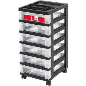 IRIS USA Plastic Drawer Storage Organizer Rolling Cart, with Wheels Casters, 6-Drawers, for Classroom Art Craft Supplies Dresser Closet Bathroom Laundry Room, Black/Clear