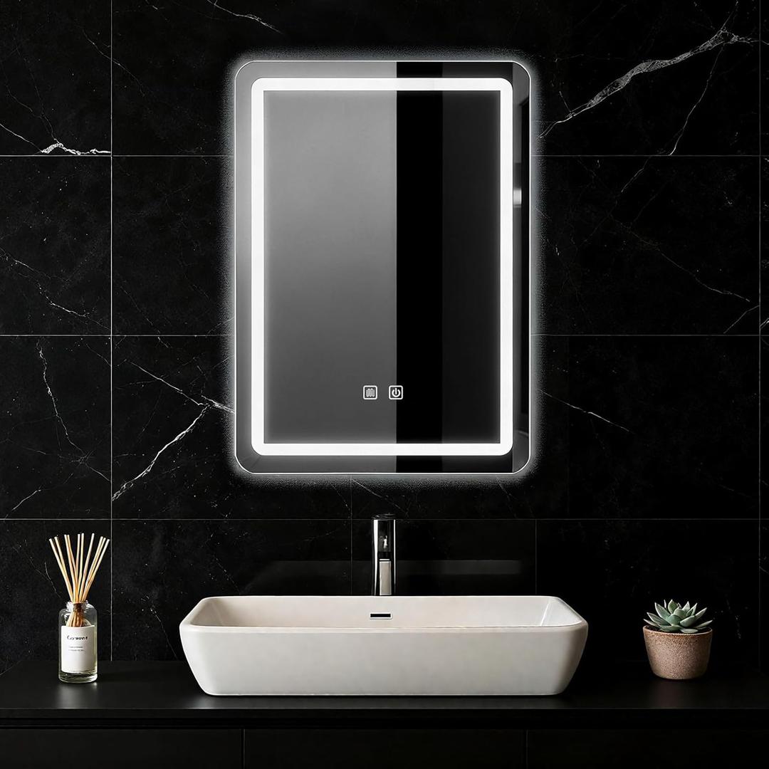 LED Bathroom Mirror, 16 x 24 Inch Anti-Fog Wall Mirror with Lights Stepless Dimmable, Lighted Bathroom Mirrors for Wall, Rectangle Bathroom Vanity Mirror with Front and Backlight, Vertically Only