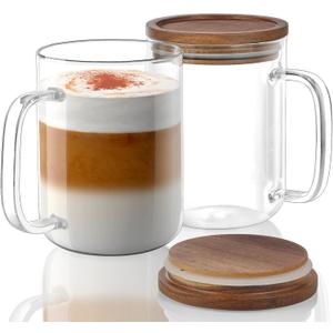 DRASTAR Glass Coffee Cups, 20 oz Large Coffee Mugs, Flat Bottomed Cups with Acacia Wood Lid, Glass Tea Cup with Handle, ClearTea Cup Set of 2