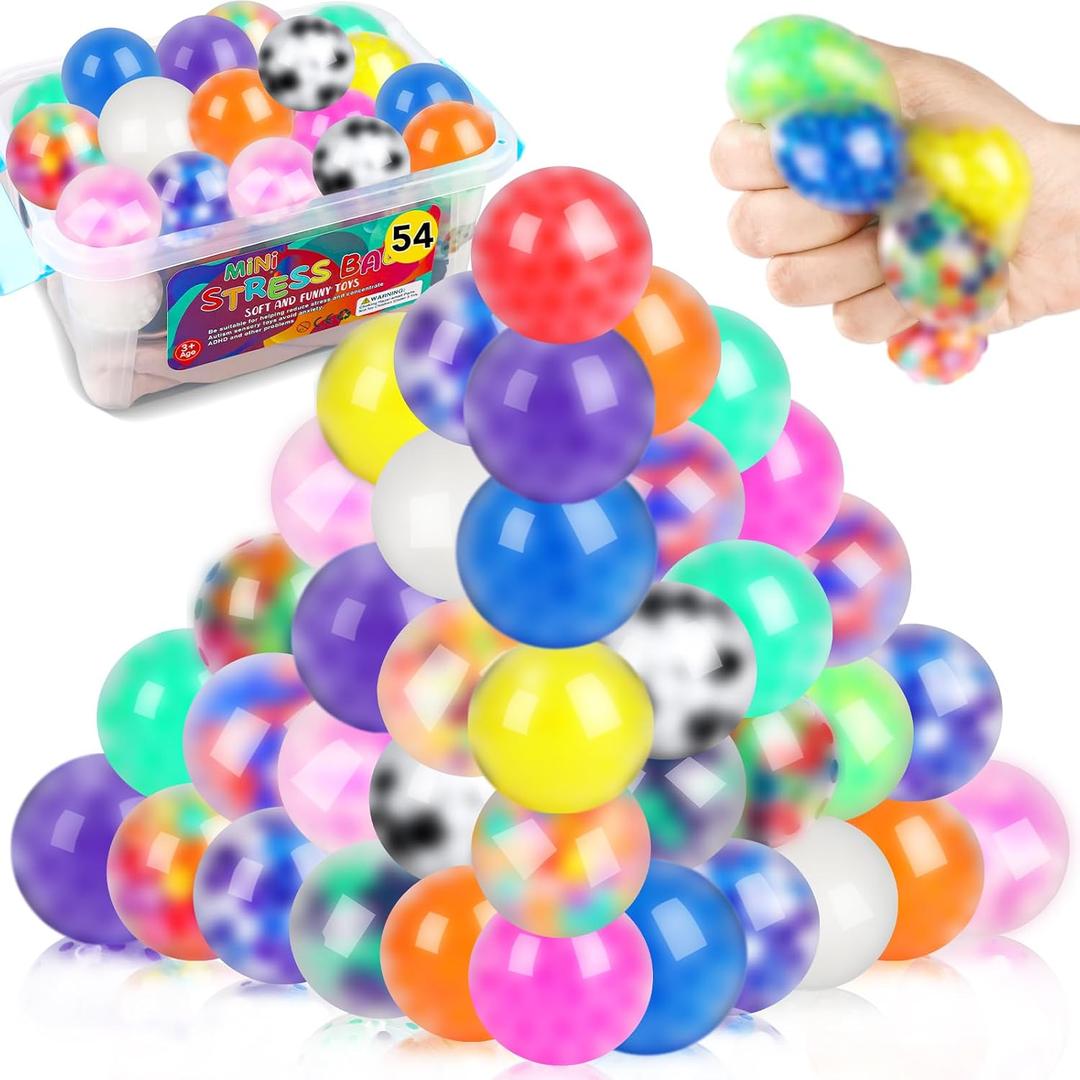 54Pack Stress Balls, Squishy Squeeze Balls Bulk Fidget for Adults Squishy Balls Stress Relief Balls, Stress Balls for Adults, Party Favors, Goodie Bag Stuffers, Small