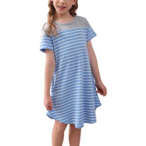 GORLYA Girls Casual Striped Dress Soft Short Sleeve Loose Round Neck Midi T-Shirt Dress for 6-14Y (Blue)