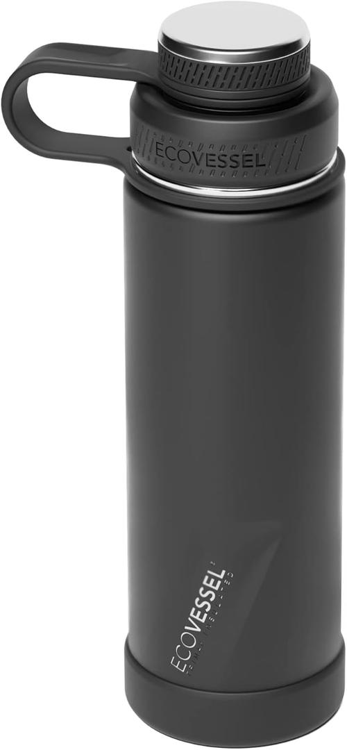 EcoVessel Stainless Steel Water Bottle with Insulated Dual Lid, Insulated Water Bottle with Strainer and Silicone Bottle Bumper, Coffee Mug  20oz (Black Shadow)