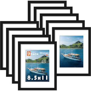 Wiscet 8.5x11 Picture Frame Set of 9, Display Pictures 6x8 with Mat or 8.5x11 Without Mat, Photo Frame for Wall Mounting or Tabletop Display, Black