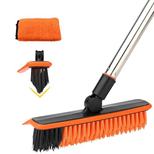 2 in 1 Floor Scrub Brush Grout Brush with 57.8" Long Handle,120°Rotatable Shower Tile Grout Cleaner Scrubber,V-Shaped Corner Brush for Hard to Reach Areas (Orange)