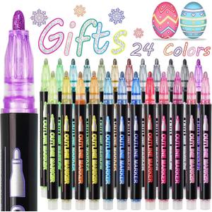 Glitter Markers Outline Pens Metallic, 24 Self Outlining Glitter Pens Adult Coloring Double Line Outline Markers,Gel Sparkle Outliner Shimmer,Teen Gifts Drawing Cool Fun Magic Stuff