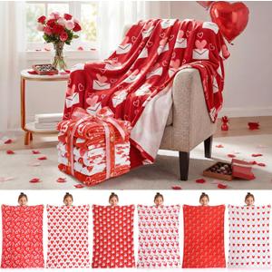 6 Pack Valentine's Day Throws Blanket in Bulk Romantic Love Heart Shaped Flannel Blankets Pink Red Warm Lightweight Throw Soft Fluffy Plush Quilt for Living Room Couch Dorm, 50 x 60 Inch