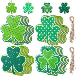 24 Pcs St Patricks Day Decorations Shamrocks Wooden Clover Ornament Shamrock Wooden Cutouts Hanging Ornament with Rope for St Patrick's Day Tree Table Decor(Glitter Style)