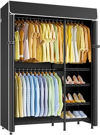 ULIFHOME F2C Clothes Rack with Cover, 47.2"W x 16.5"D x 78.3"H, Load 692lbs | Black Covered Garment Rack with Shelves for Hanging Clothes, Metal Portable Closet System, Dustproof Cover for Organization