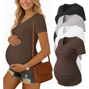 Ekouaer 4 Pack Maternity Shirts V Neck Maternity Top Short Sleeve Casual Tee Side Ruched Pregnancy Clothes L