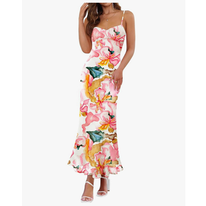 ZESICA Womens Summer Floral Spaghetti Straps Maxi Dress 2025 Sleeveless Square Neck Bodycon Beach Boho Long Dresses, S
