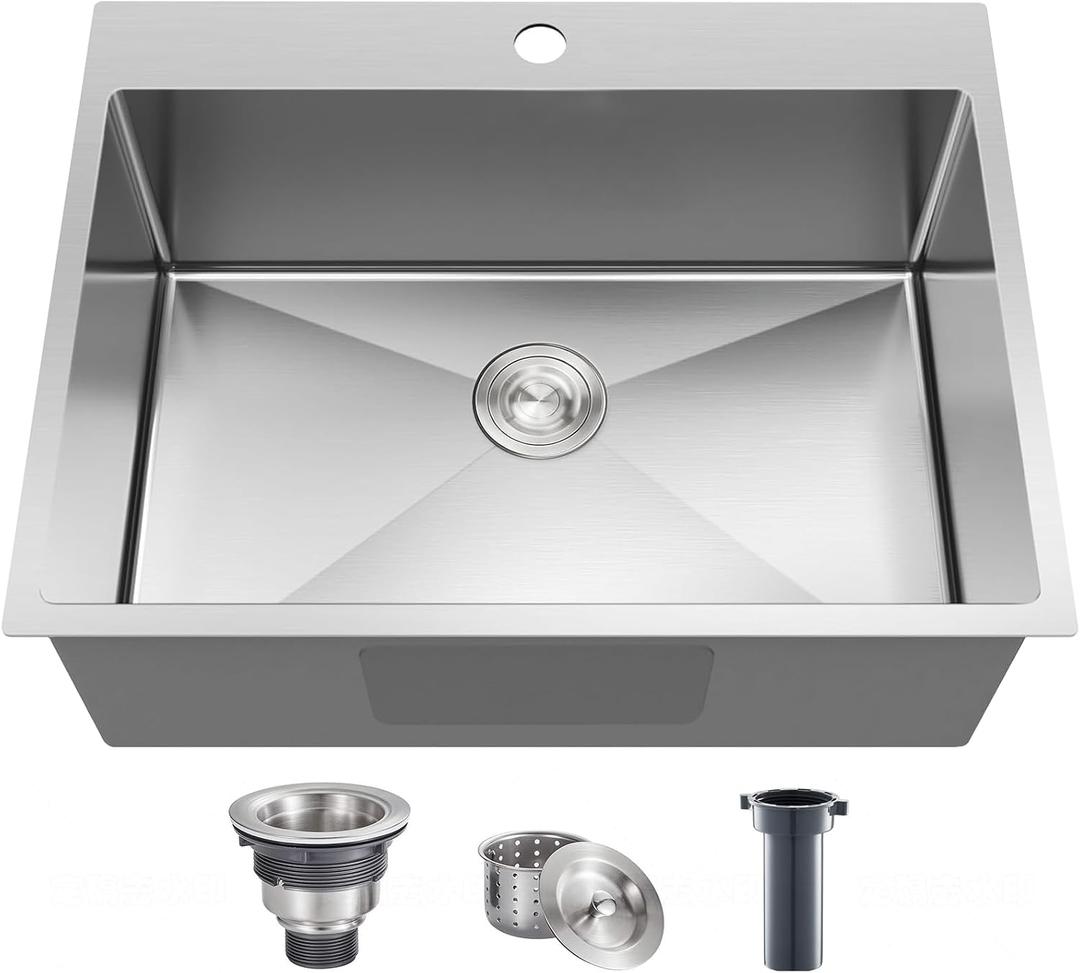 24x18 Inch Drop in Kitchen Sink, 9 Inch Deep 16 Gauge SUS304 Stainless Steel Brushed Nickel Top Mount Bar RV Laundry Utility Sink,Handmade Outdoor Single Bowl Small Kitchen Sink with Strainer, 24x18x9inch Drop in