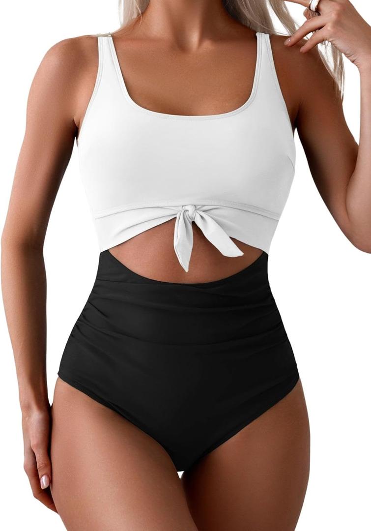 Eomenie Women's One Piece Swimsuit Tummy Control Slimming Bathing Suit Cutout Tie Knot Swimwear (Large, White Black Color Block)