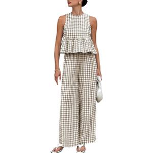 Womens Gingham 2 Piece Set Sleeveless Ruffle Tank Wide Leg Pants (Beige, M)