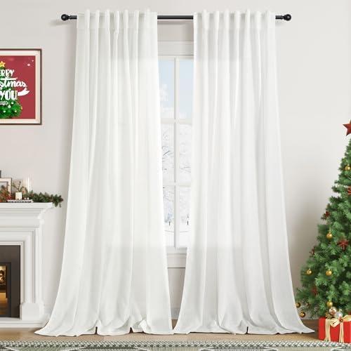 Ivory Linen Curtains 108 Inches Long 2 Panels Back Tab Pocket Modern Farmhouse Linen Light Filtering Curtains Off White Extra Long Semi Sheer Curtain Drapes for Living Room Bedroom 9Ft 52X108