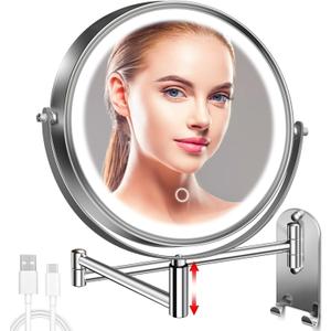 8" Wall Mounted Lighted Makeup Mirror, 3000mAh Rechargeable Double Sided 1X/10X Magnifying Mirror with Hook,3 Color Lights Dimmable 360 Rotation Vanity Mirror for Bathroom (Chrome-round)