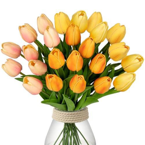 24 Pcs Artificial Tulips Flowers Mixcolor Real Touch Fake Tulips Fake Flowers for Mother's Day 13.5" Faux Tulips Faux Flowers Bulk Artificial Tulips Flowers for Vase Centerpieces Home Wedding Bouquet, Mixcolor Style10 #24
