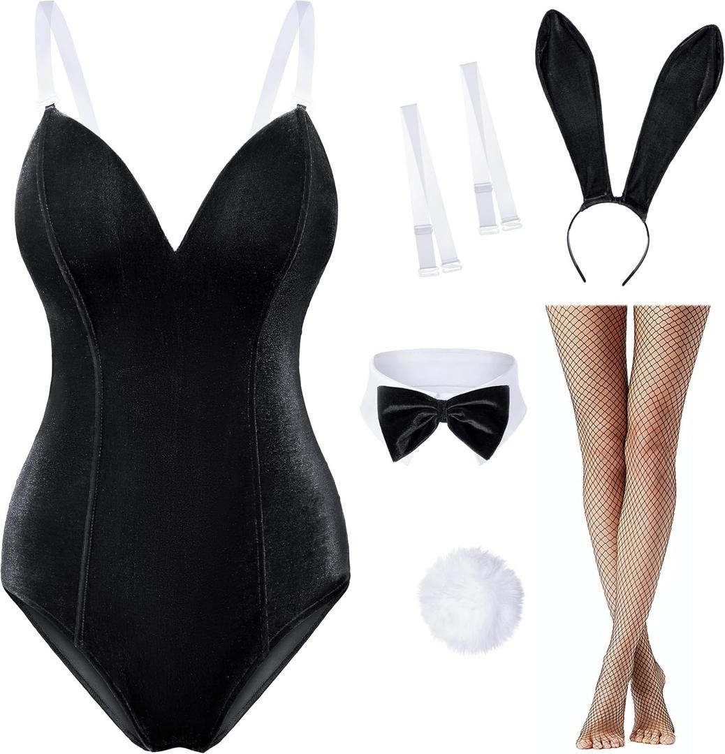 Women Velvet Bunny Costume Bunny Girl Suit Costume Senpai Cosplay One Piece Bodysuit Stockings Set (Large, Black)