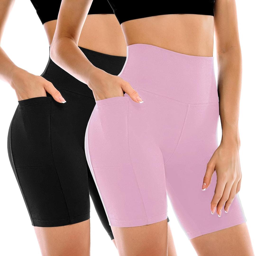 Leafigure 2 Pack Womens Biker Shorts with Pockets, High Waisted Yoga Shorts for Women Running Gym and Workout (Large-X-Large, Black/Pink)