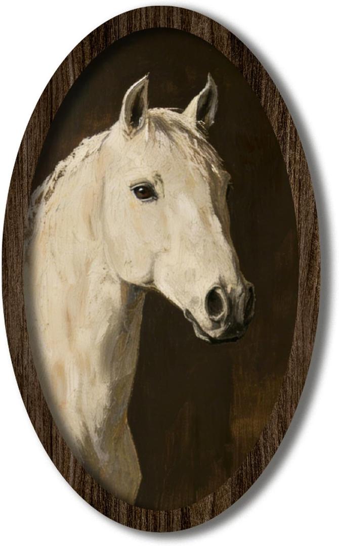 Vintage White Horse Wall Art, Rustic Horse Portrait Oval Framed Wall Decor for Bedroom Living RoomOffice Farmhouse, Wooden Frame 9 x 14.6 Inch (017)