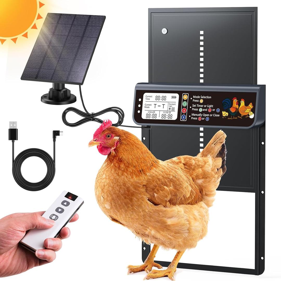 Automatic Chicken Coop Door Solar Powered, LCD Display Automatic Chicken Door with Timer & Light Sensor, Solar Chicken Coop Door with Remote Control & Anti-pinch Function, Al-alloy Chicken Door (Black)