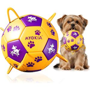Size 2 Dog Soccer Ball with Straps Durable Training Ball for Pets Interactive Outdoor Dog Toy,Yellow & Purple, Paw and Puppy Design, for Small & Medium Puppie