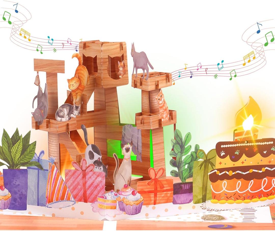 3D Pop Up Cat Birthday Card, Meow Song Birthday Card with Colorful Lights & Blow-Out Candle, Musical Birthday Card for Boys, Girls, Men, Women, Wife, and Cat Lovers with Blank Envelopes & Notes