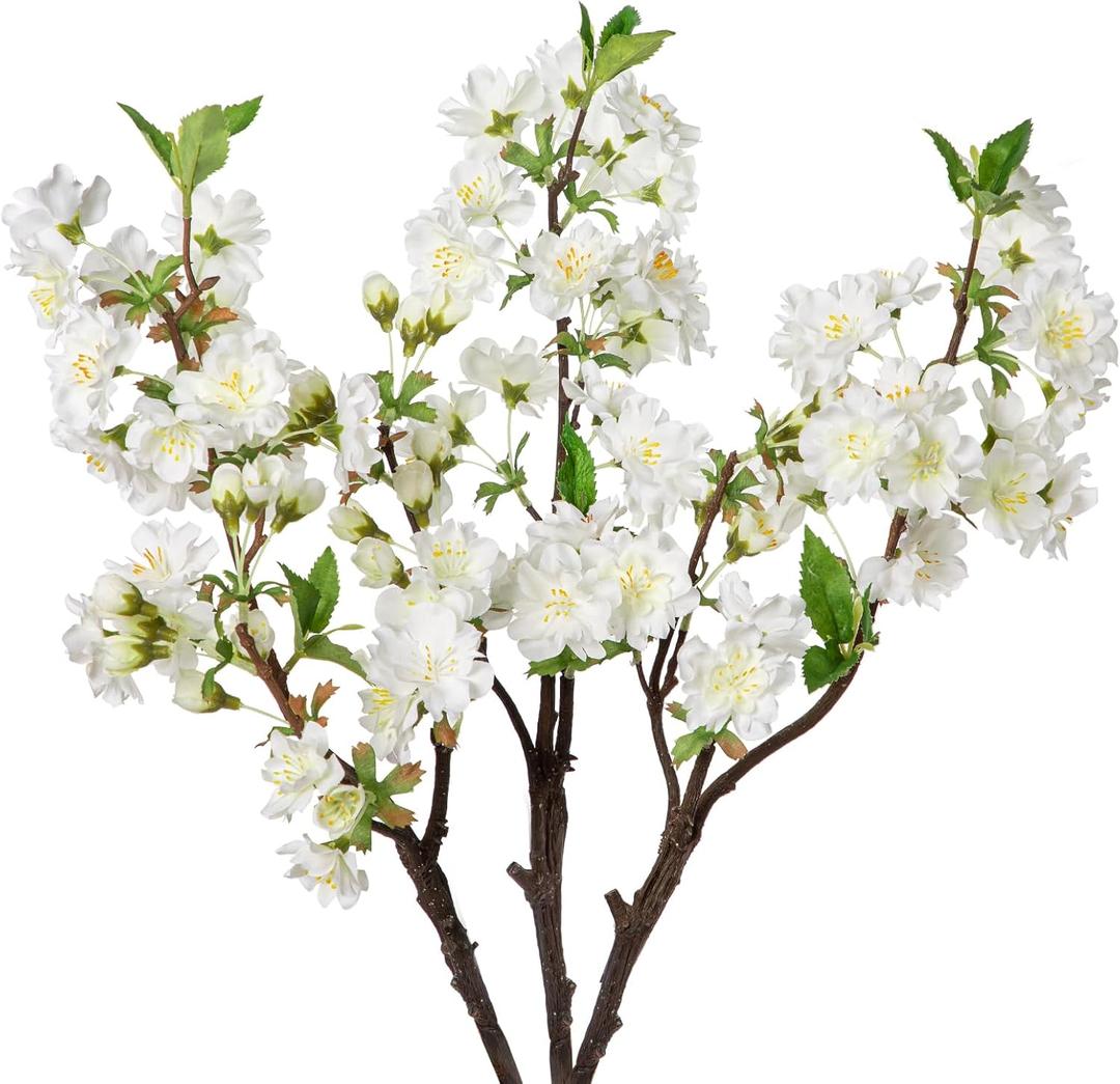 DILATATA 3 Pcs 19" Cherry Blossom Branches for Vase Faux Cherry Flowers Picks White Peach Blossom for Floral Arrangements Artificial Apple Blossom Fake Silk Flower for Home Wedding Table Decor