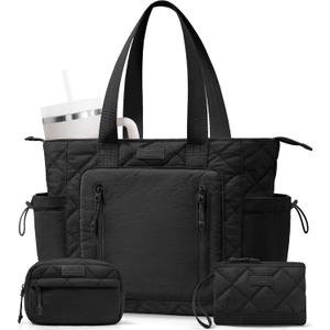 Puffer Tote Bag for Women, Lightweight Puffy Work Laptop Handbag Teacher Nurse Quilted School Daily Travel Gym Bag | Durable, with Zipper, 15.6" Laptop Sleeve, Large Tumbler Holder, Daily Carry On Bags, Comfy College Bags, Portable, Spacious (Black)