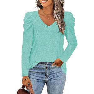LCXWFE Womens Tunic Tops Puff Sleeve Casual V Neck Long Sleeve Shirts Solid Color S-2XL (Medium, 06a-mint Green)