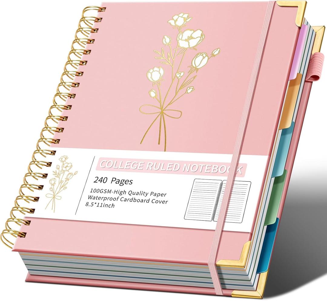 Hardcover Spiral Notebooks 8.5" X 11" Note Taking 5 Subject Notebook College Ruled with Dividers 240 Pages 100GSM Aesthetic Spiral Notebook for Work School Cute Journals for Women Writing