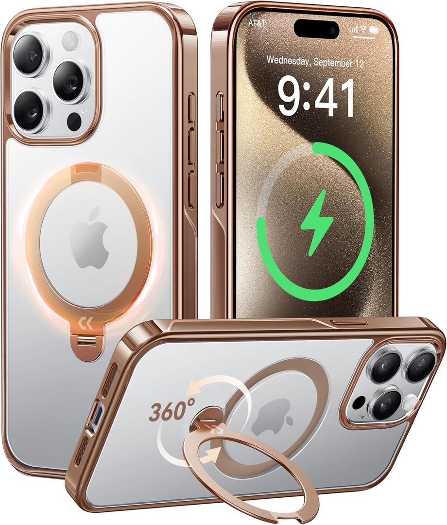 CASEKOO Desert Titanium 360 Polished for iPhone 15 Pro Case with Spin Magnetic Stand [Compatible with Magsafe][16FT Military Protection] Clear Back Titanium Alloy Sturdy Stand 6.1'', Rose Gold