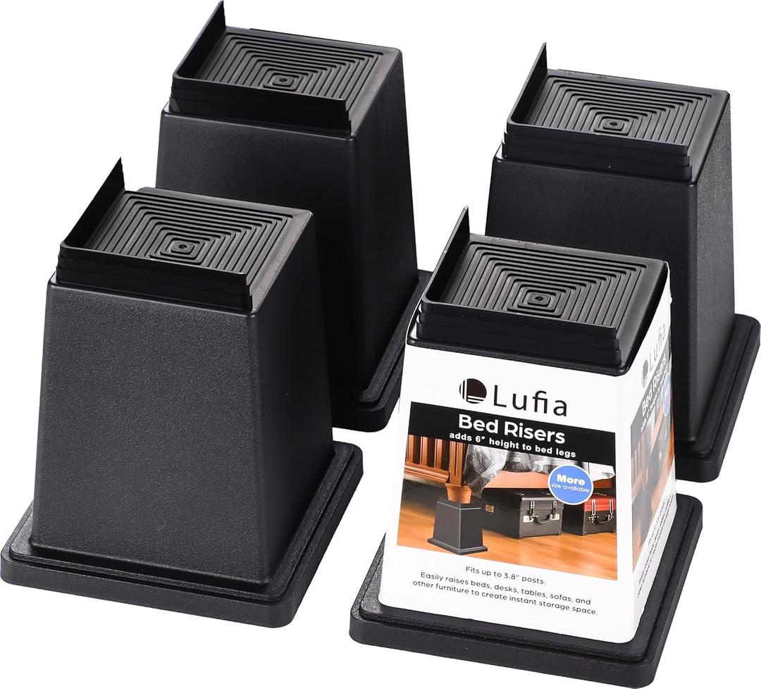 Lufia 6 Inch Heavy Duty Bed Furniture Risers, Set of 4, Adjustable Lifts for Sofa, Table, Chair, Desk, Supports Up to 1,000 lbs, Provides Extra Storage Space & Floor Protection (Black, 6 Inch) (Black-4 Pack(semi-open))