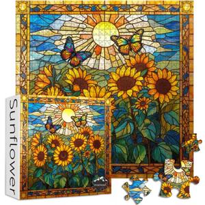 Stained Glass Puzzles for Adults 1000 Pieces and up, PICKFORU Sunflowers Puzzle as Home Decor, Butterfly Flower Puzzles as Home Decor, Sunflower
