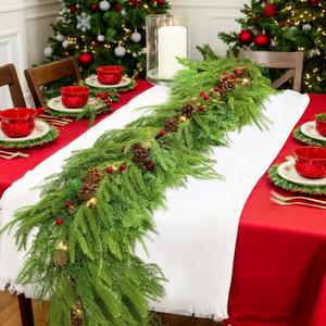 JUNEBRUSHS 9FT Artificial Norfolk Pine Garland, Christmas Garlands with Lights Real Touch Artificial Faux Greenery Garland for Mantle Stairs Railing Fireplace Table Indoor Xmas Decor