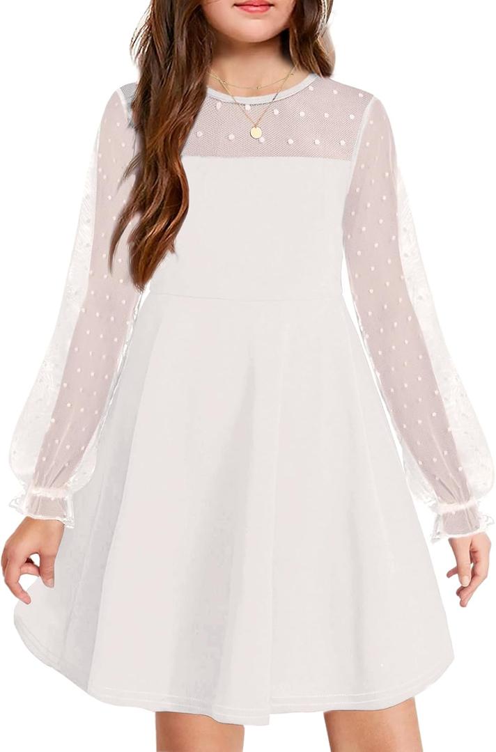 Arshiner Girl's Contrast Mesh Puff Long Sleeve High Waist A Line Short Dress with Pockets for 6-13 Years (8-9 Years, White)