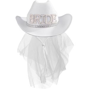 MGupzao Cowboy Hat with Veil Bachelorette Party, White Cowgirl Hat Wedding, Bridal Shower Decoration, Bride to be Gift