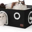 Bedsure Large Cat Beds for Indoor Cats - Extra Wide Cat Cube House for Small Pet with Fluffy Ball Hanging and Scratch Pad, Foldable Pet Cave Hideaway for Multiple Cats, 23.6x16.9x13 inches, Black