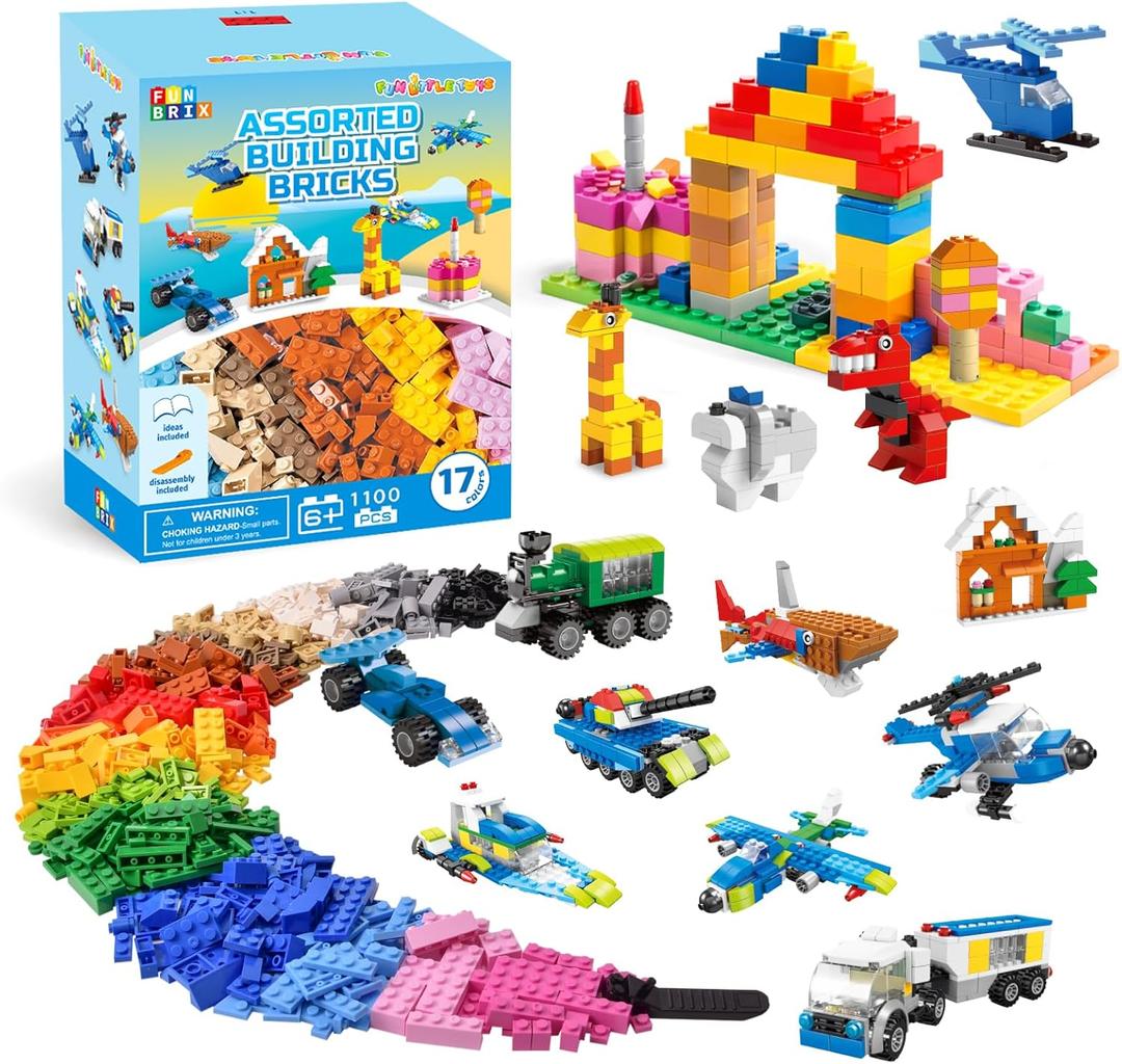 FUN LITTLE TOYS 1100 PCS Building Blocks for Kids 6-12, Creative Bulk Building Bricks Set for Open-Ended Play, 147 Shapes 17 Colors, Value Pack Compatible with Standard Baseplates