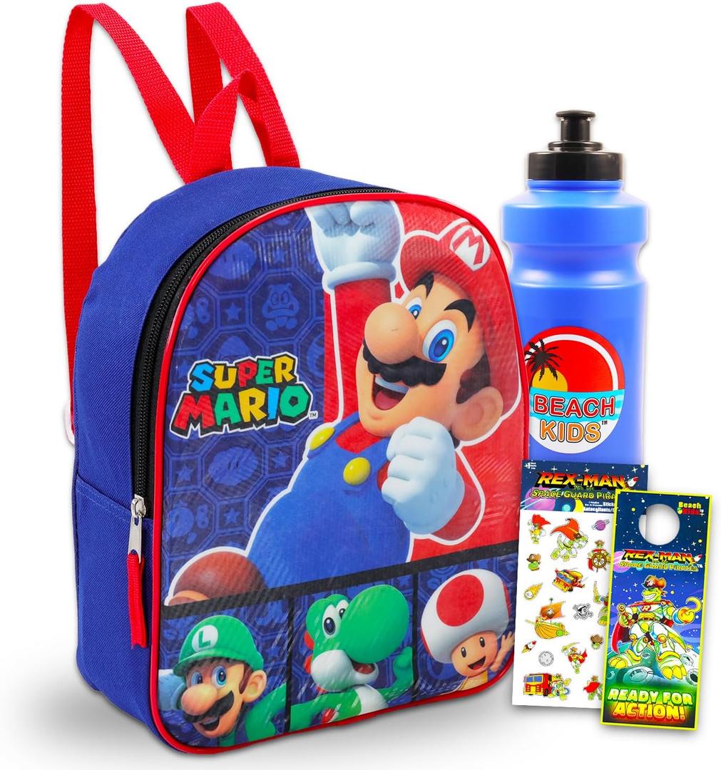 Super Mario Mini Backpack Set - Bundle with 11" Mini Backpack Plus Water Bottle, Stickers, and More | Super Mario Bros School Bag for Kids