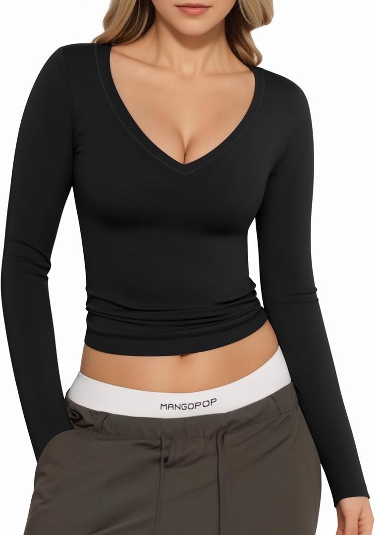 MANGOPOP V Neck Long Sleeve Shirts for Women Sexy Crop Top Basic Slim Fitted T Shirt Going Out Tops Y2K (XX-Large, Black)