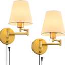 VONLUCE Wall Sconce Set of 2, Plug in & Hardwired Swing Arm Wall Lamps, Adjustable Wall Mounted Lighting Fixtures, Modern Wall Lights with Golden Base White Fabric Shade for Bedside, Hallway, Study