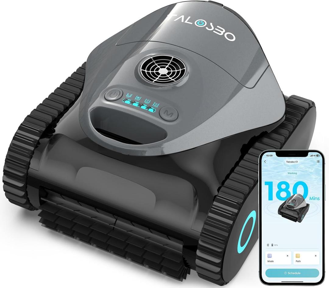 TALOSBO C1 Robotic Pool Cleaner, Wall & Waterline Cleaning, Cordless Pool Vacuum Robot for Inground Pools up to 150㎡, Double Filtration, 180-Min Runtime, 7 Cleaning Modes, App Support