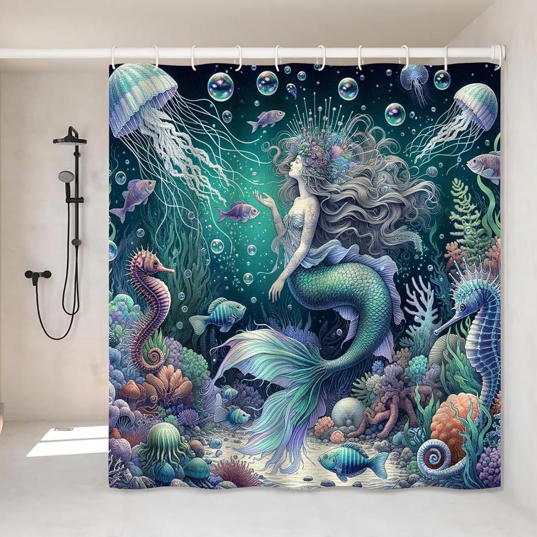 Cute Mermaid Shower Curtain- 72x72 Inch Coral Octopus Bathroom Decor with 12 Hooks -Ocean Waterproof Curtains - Modern Home Bedroom Decor & Birthday Festival Gifts Girls Women