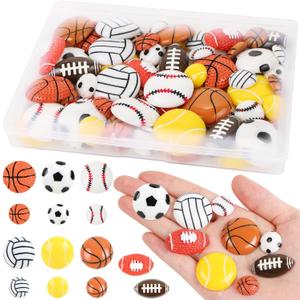 56Pcs Resin Sports Balls for Crafts, Flatback Tiny Sports Theme Embellishment Football Basketball Baseball Soccer Volleyball Beads Decors with Box DIY Sports Decoration Scrapbooking Party Decor