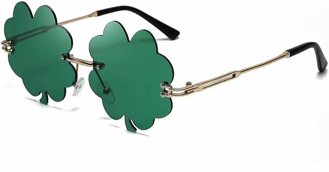 Green Shamrock Sunglasses, St. Patrick's Day Novelty Costume Eyewear, Gold Metal Temples