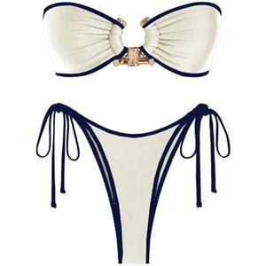 ZAFUL Metal Ring Bandeau Bikini Tie Side Bathing Suit High Cut 1 Piece Swimsuit Cutout Swimwear M