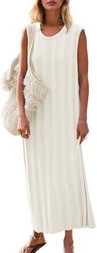 Fisoew Women's Summer Sleeveless Maxi Dress Scoop Neck Ribbed Knit Tank Top Dresses, S