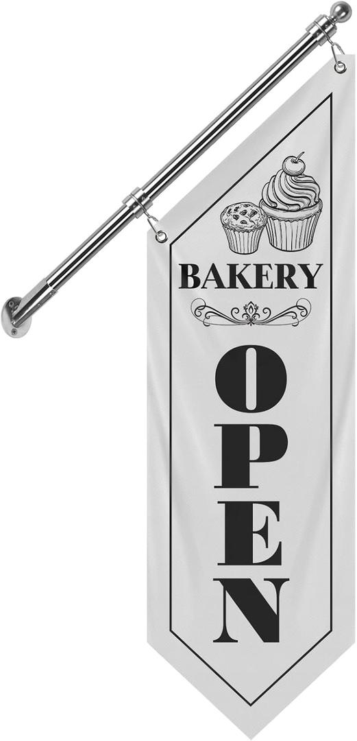 Bakery Open Flag, Double-Sided Three-ply Thickened Polyester Flag with Flagpole & Bracket, Outdoor Hanging Bakery Open Sign for Fresh Bread, Pastries & Baked Goods Display (White-W, 27")